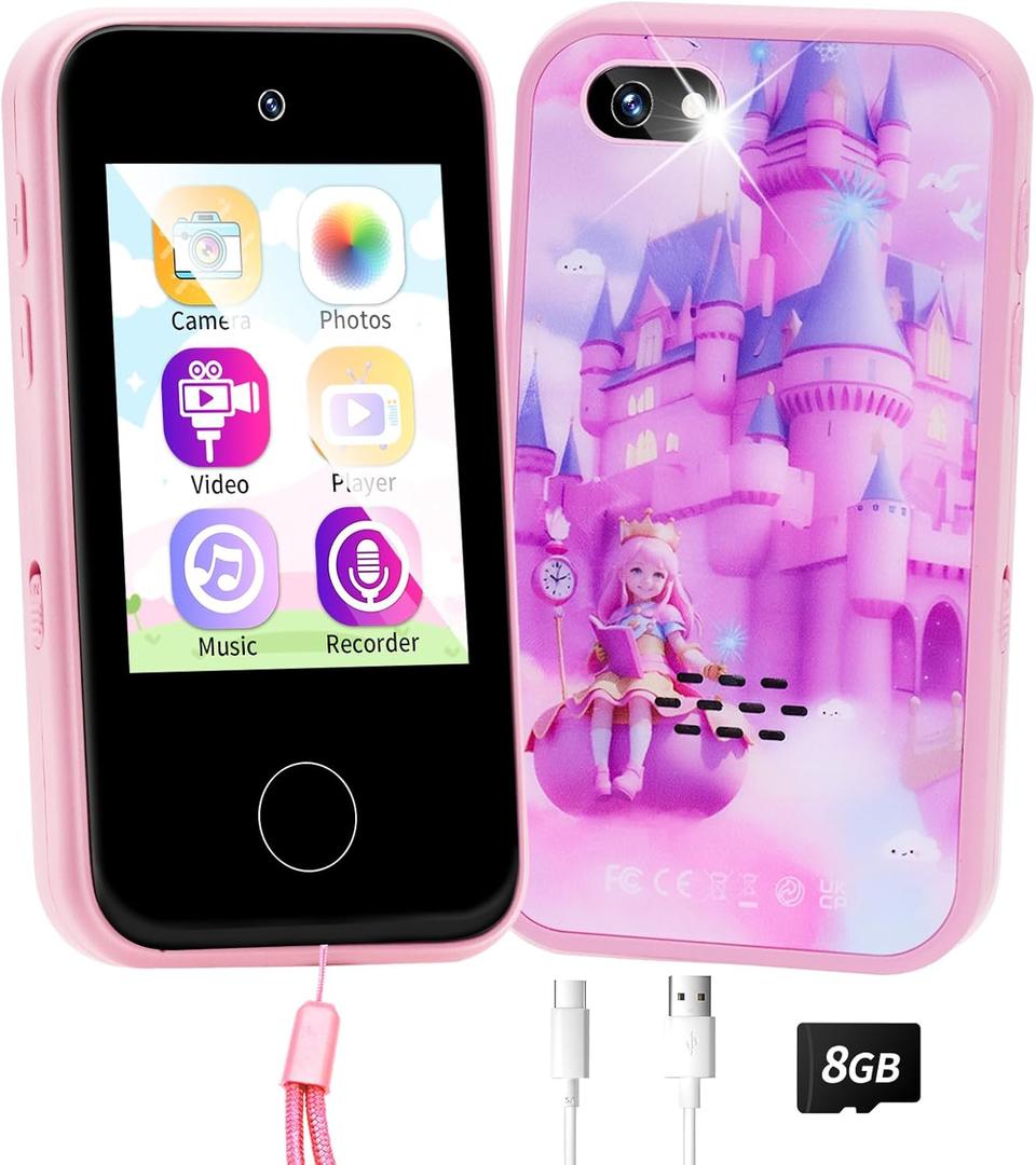 Kids Phone for Age 3~8, Toddler Play& Learning Toy Phone, Xmas Birthday Gift for 3 4 5 6 7 8 Years Old Girl & Boy, Fake Cell Phone with Game, Camera,Alarm,Story, 8GB SD Card (Pink Castle)
