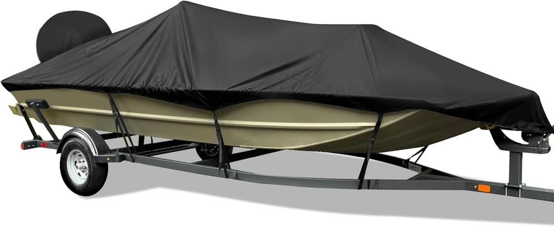 800D Heavy Duty Waterproof Boat Cover 17-19 ft (17',18',19') with Motor Cover - Fits Bass/V-Hull/Runabout/Fishing/Bowrider Boats - Canvas Protective Cover for 17 18 19 Foot Boats