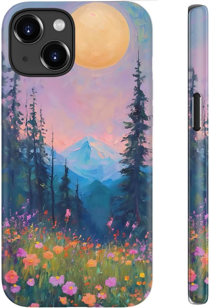 LUHOURI for iPhone 13 Case,Wireless Charging Compatible,Dual-Layer - Soft Silicone Inner + Hard Outer Shell,Cute Wildflower Design,Protective Phone Cover for Women - Twilight Mountain Floral