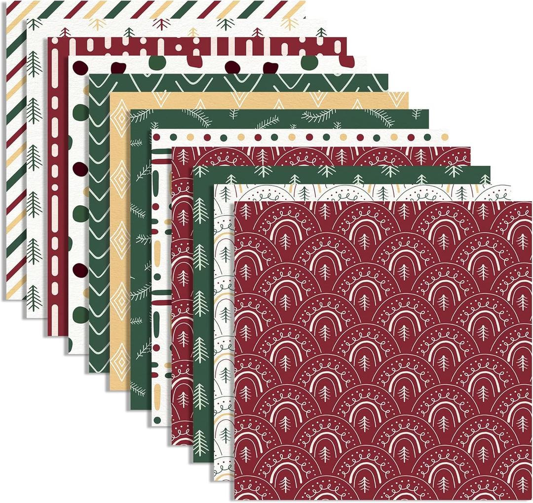 24 Sheets Christmas Boho Pattern Pad 11.8'' x 11.8'' Christmas Scrapbook Paper Pad Boho Red and Green Textured Patterned Double-Sided Cardstock Paper for Background DIY Card Making Origami