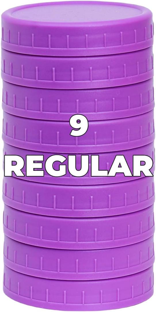 9 Pack Violet Regular Mouth Mason Jar Lids with Silicone Rings,9 Color to Choose, Plastic Mason Jar Lids,Plastic Canning Lids, Fit Ball,Kerr and More (Violet)