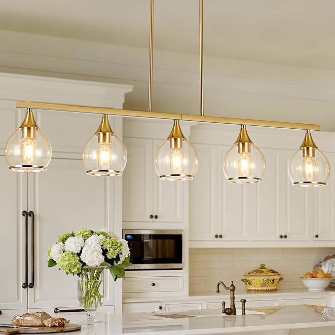 Island Light for Kitchen, 5-Light Black Kitchen Island Linear Hanging Pendant Chandeliers, Gold Dining Room Light Fixture Over Table with Clear Round Glass Shades