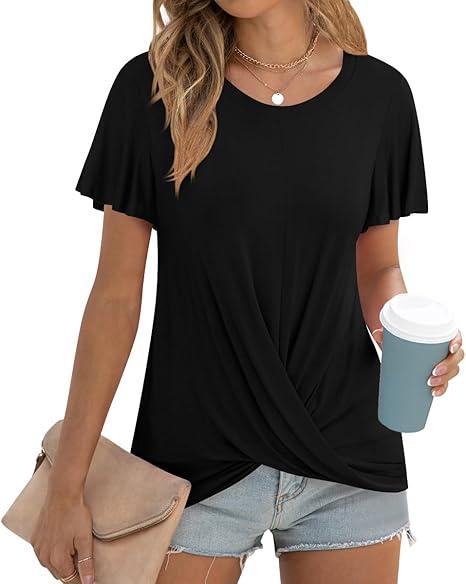 Women's Summer 2025 Casual Tunic Wavy Short Sleeve Blouse Front Twist Tops Tee For Leggings (Small)