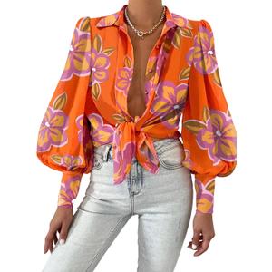 BTFBM Women Fashion Button Down Shirts V Neck Printed Solid Boho Long Sleeve Blouses Dressy Casual Summer Fall Tops (Medium, Floral Orange Purple)