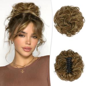 RUWISS Large Messy Bun Hair Piece with Claw Clip Human Hair Bun Wavy Curly Chignon Hair Bun Extensions Updo Hair Pieces for Women Claw Clip Ponytail for Women, Brown with Warm Blonde Highlights (45g)