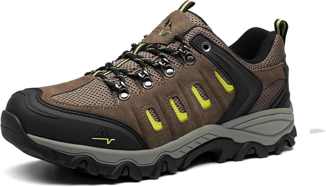 NORTIV 8 Men's Waterproof Hiking Shoes Leather Low-Top Hiking Shoes for Outdoor Trailing Trekking Camping Walking Quest (6.5, Black/Brown/Yellow)