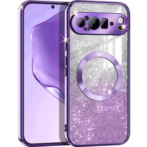 Casetego for Google Pixel 9 Pro XL Case,Compatible with MagSafe,Glitter Sparkle Magnetic Plated Slim Shockproof Soft TPU Bumper Full Protection Case for Google Pixel 9 Pro XL,Purple
