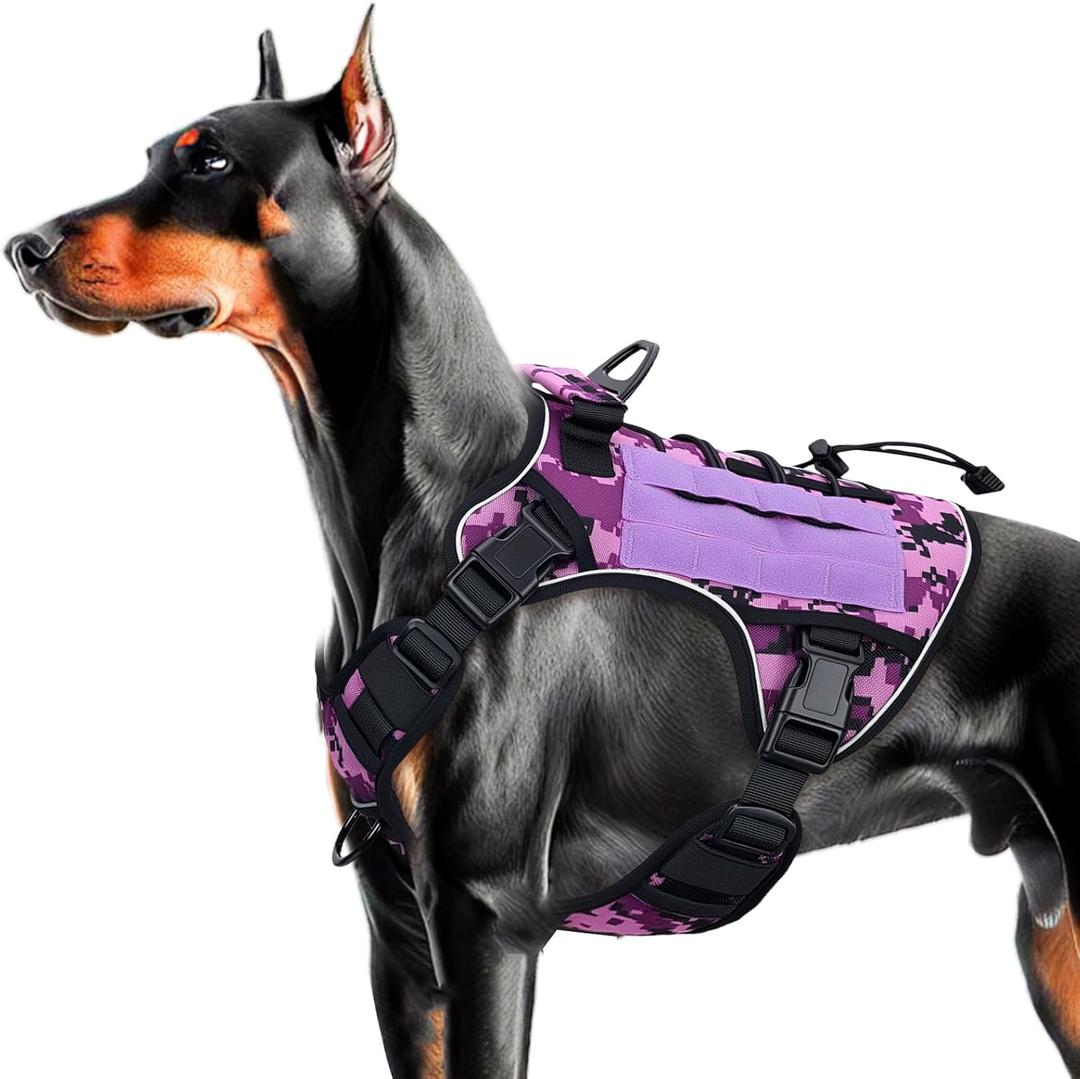 Heavy-Duty Tactical Dog Harness for Large Dogs, No Pull Adjustable Reflective Pet Vest with Molle System, K9 Military-Grade Control for Service Training, Outdoor & 10+ Breeds, Purple Camo, Large (L: Neck: 19-25'', Chest: 27-35'')