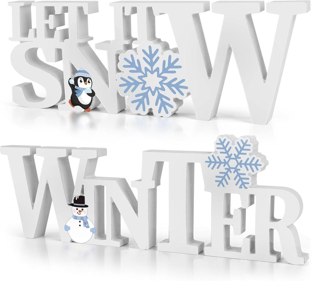 COCHIE Wooden Winter Let It Snow Sign, Snowflake Winter Decorations for Home, Office, Shelf, Mantel, Indoor, Blue White Wood Table Top Party Decor (White)