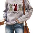 Ykomow Happy Easter Sweatshirt Women Long Sleeve Cute Bunny Rabbit Graphic Tees Pullover (Large, Grey-2)