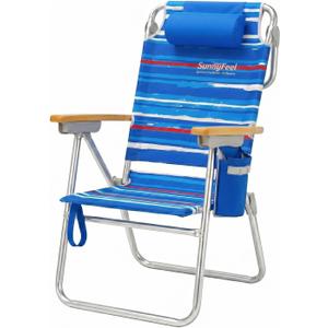 SUNNYFEEL Premium High Back Beach Chair for Adults, Heavy Duty All Aluminum Folding Beach Chair Supports 500 LBS, 5-Position Reclining Tall Beach Chair with Wooden Armrests & Head Pillow, Blue Stripe