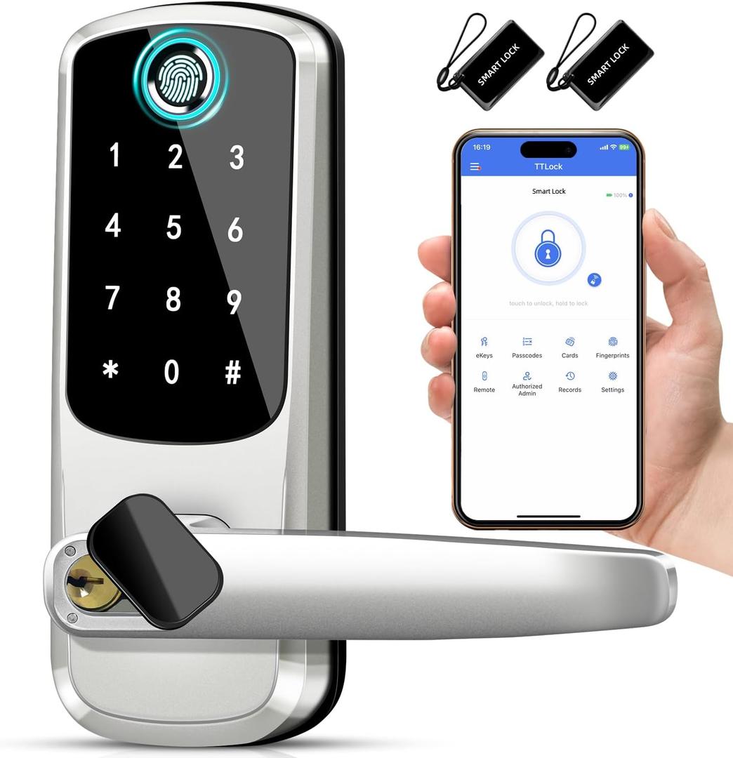 Smart Door Lock with Handle,Keyless Entry Door Locks, 8-in-1 Fingerprint Keypad Exterior Lock - Smart Locks for Front Door - Digital Electronic Smart Lock with Code & APP Control (Silver) Smart Door Lock with Handle,Keyless Entry Door Locks, 8-in-1 Fingerprint Keypad Exterior Lock - Smart Locks for Front Door - Digital Electronic Smart Lock with Code & APP Control (Silver)