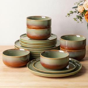 TheTerra Ceramic Dinnerware Sets for 6, 18 Pieces Handmade Reactive Glaze Plates and Bowls Set, Scratch Resistant Dish Set, Oven & Microwave & Dishwasher Safe, Service for 6, Sage Umber