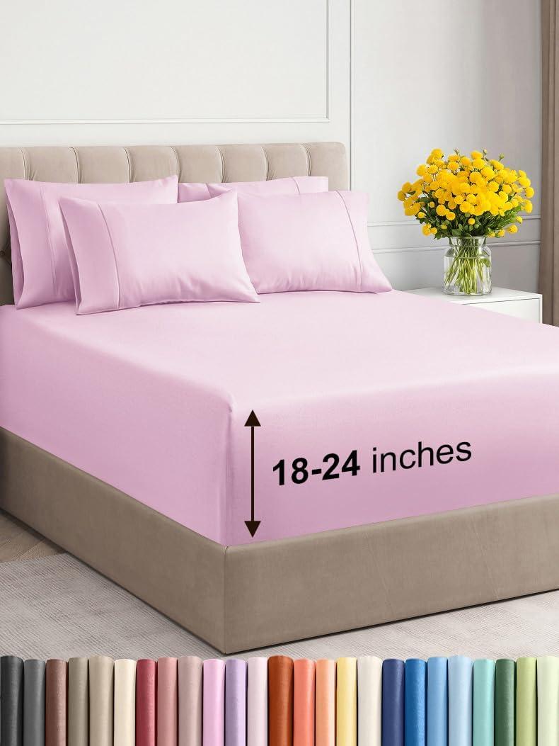 Extra Deep Queen Sheet Set - 6 Piece Breathable & Cooling Sheets - Hotel Luxury Bed Sheets Set - Easy & Secure Fit - Soft, Wrinkle Free & Comfy Sheets Set - Light Pink Sheet Set w/Extra Deep Pockets