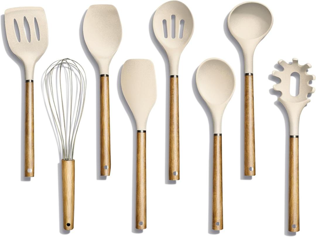 Country Kitchen Non Stick Silicone Utensil Set with Rounded Wood Handles for Cooking and Baking, 8 Piece Set, Khaki