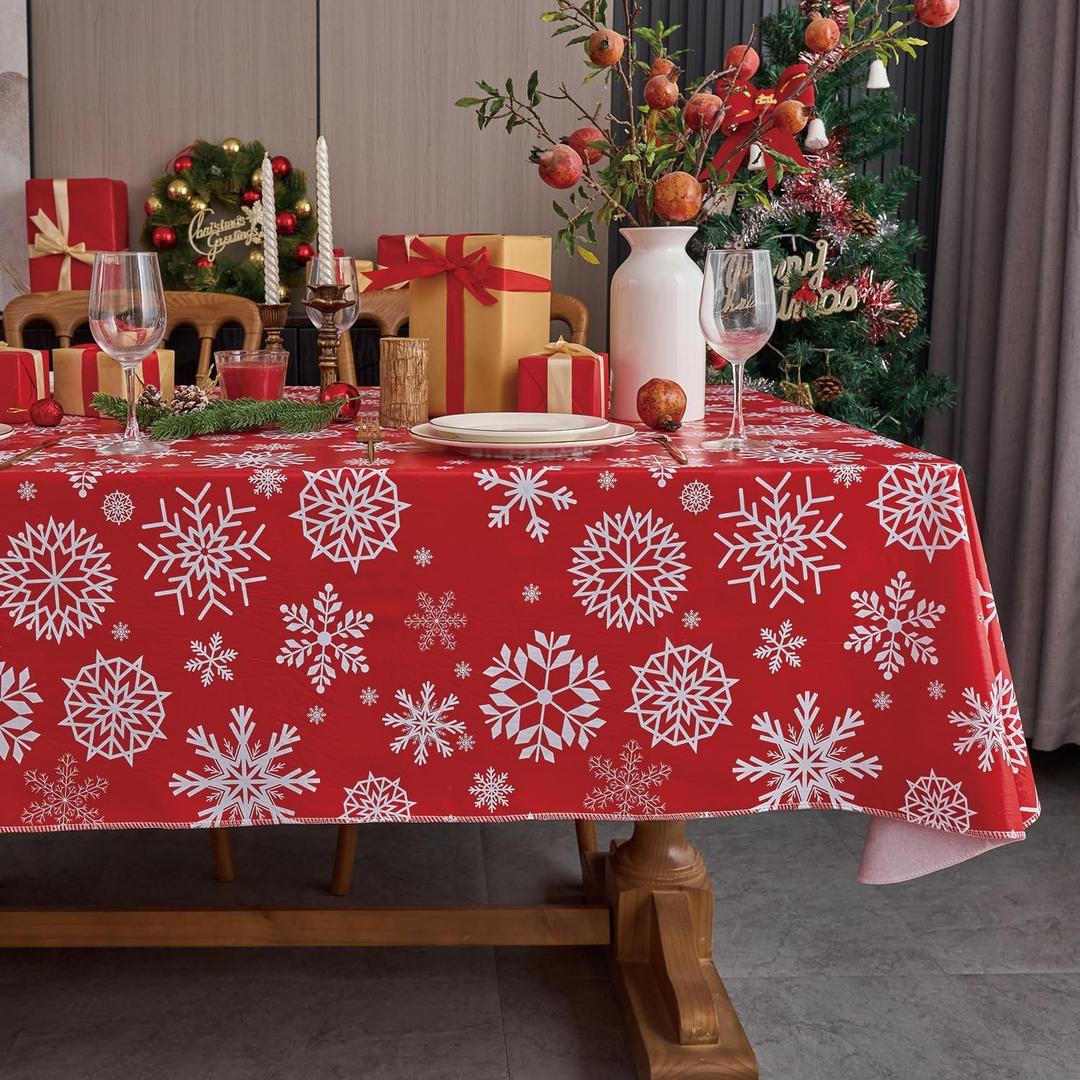 NLMUVW Vinyl Christmas Tablecloth Sqaure, Snowflake Decorative PVC Table Cloth Waterproof Wipe Clean Red Table Cover for Indoor and Outdoor, 54 x 54 Inch