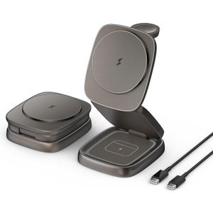 3-in-1 Magnetic Wireless Charging Station for Apple Devices - 15W Fast Charge with 30W Adapter, Foldable Aluminum Travel Dock for iPhone 17/16/15/14/13/12 Series, iWatch, AirPods