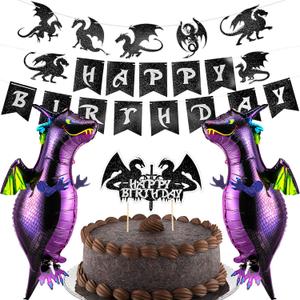 Boao 5 Pieces Dragon Cake Decoration Birthday Hanging Banner Funny Dragon Balloon Cupcake Topper for Dinosaur Birthday Party Supplies