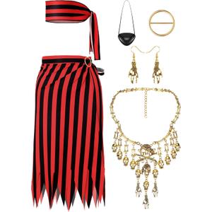 Fourluoo 5 Pcs Pirate Costume Accessories Set Women Pirate Skirt Head Scarf Hat Eye Patch Skull Jewelry for Cosplay Outfit(Red and Black Stripes,L)