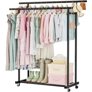 Abiglifty Double Rods Clothes Rack for Hanging Clothes, Clothing Rack with Wheels, Portable Closet Organizer for Laundry, Room (Black