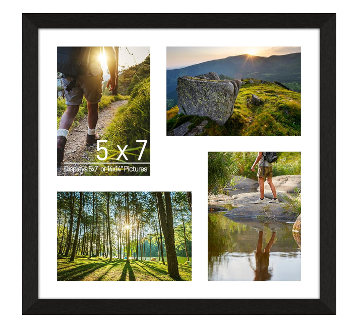 Black picture Lacopgr 5x7 Photo Collage Frame 4 Openings Wooden, Multi Picture Frame Collage 14x14 Gallery Wall Decor, Black Frame with White Mat, Wood