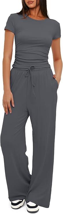 Darong Women's 2 Piece Outfits Lounge Sets Ruched Short Sleeve Tops High Waisted Wide Leg Pants Tracksuit Sets, XL