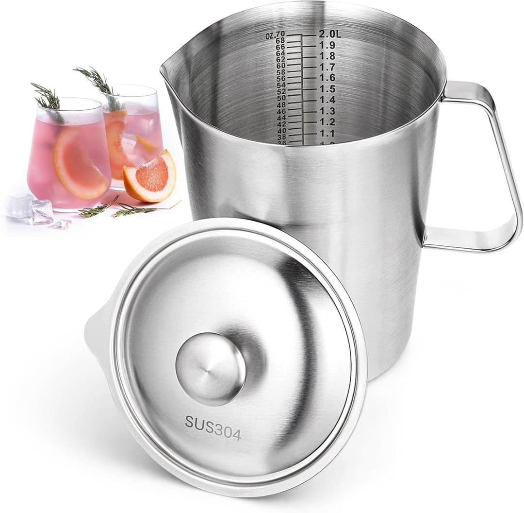 SHENLIU Stainless Steel Pitcher with Lid, 70 oz Metal Measuring Cup with Marking and Handle, 2 L Large Mouth Graduated Beakers, Milk Frothing Jug for Iced Tea, Espresso, Latte Art, Hot & Cold Water