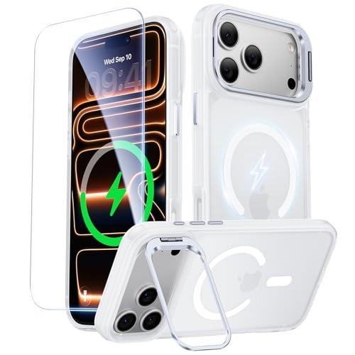 Peerock for iPhone 17 Pro Max Case with Stash Lens Stand and 9H Screen Protector, Fit for MagSafe, Military-Grade Drop Protection Phone Case for iPhone 17 Pro Max, 360° Full Protection, Frosted Clear