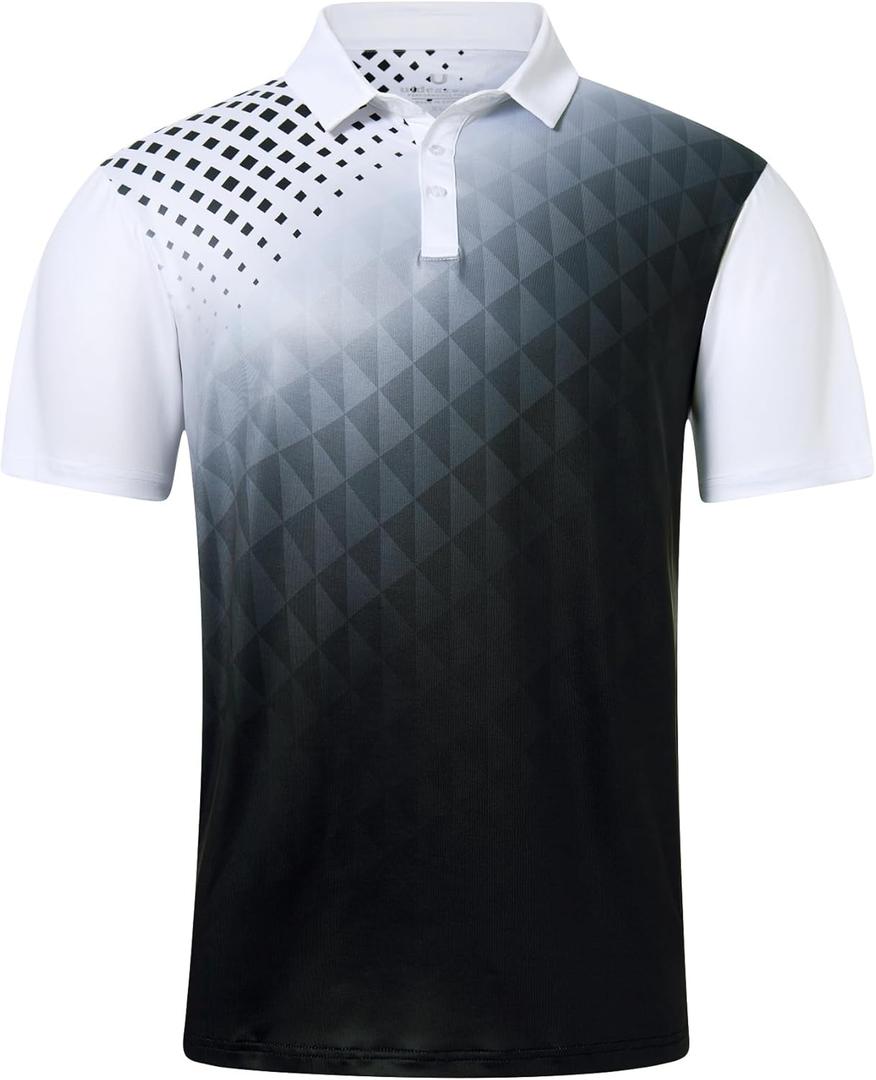 uideazone Mens Golf Shirt Dry Fit Athletic Polo Shirts Moisture Wicking Performance 3D Print Short Sleeve (White)