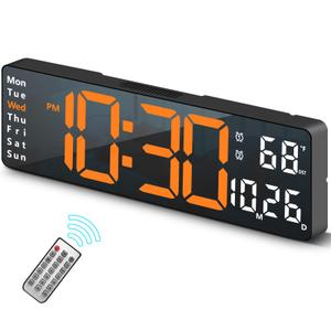 Digital Clock, Digital Wall Clock for Living Room Decor, Desk Alarm Clock for Bedroom, Large Wall Clock with Remote Control, Automatic Brightness Dimmer LED Clock with Date Temperature Week (Orange-W)