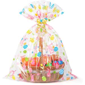 CUDICY Easter Bags 10pcs Large Cellophane Bags 24x30 Inch Cellophane Wrap for Gift Baskets Clear Plastic Wrapping(Spring)