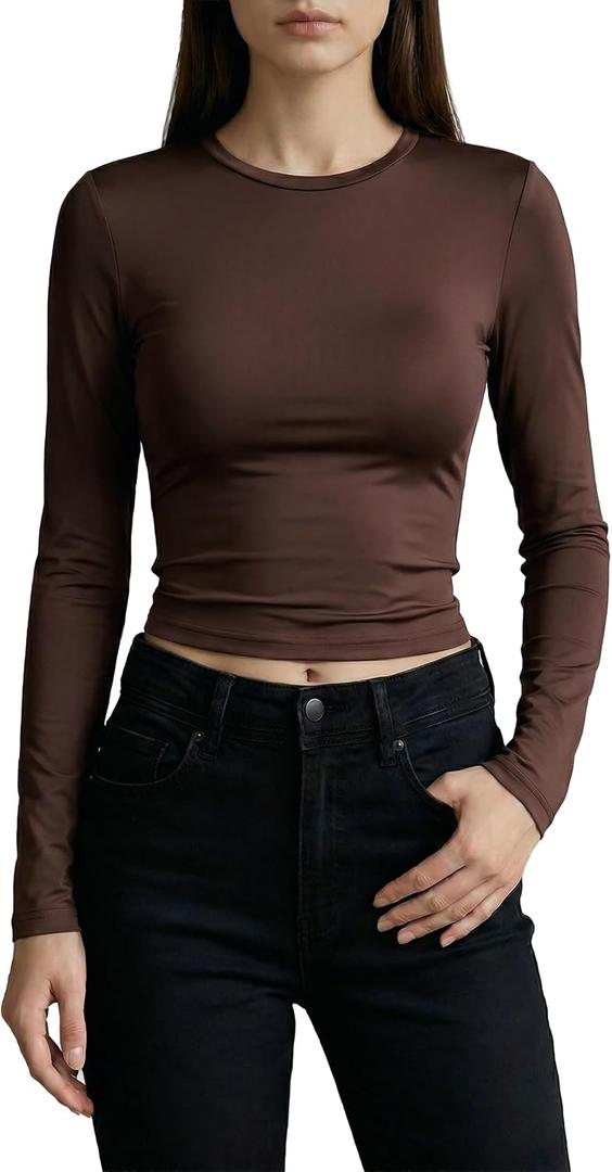 Women Basic Long Sleeve Round Neck Shirt Skinny Fit Stretchy Casual Tee Soft Comfy Essential Shirt (Brown, S)