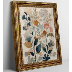 Gold Framed Beige Floral Canvas Wall Art Vintage Country Botanical Earth Tone Flower painting Decor Pictures Boho Plant Bedroom Living Posters Prints for Corridor Classroom Kitchen Room Decoration