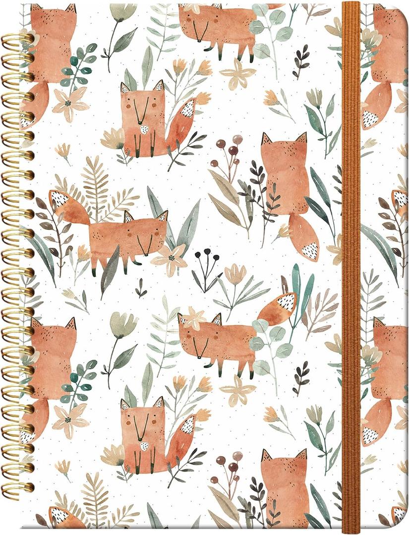 2 x Ruled Spiral Writing Notebook,A5 Hardcover Lined College Journal for Women, Strong Twin-Wire Binding with Premium Paper,8.4" X 6",Perfect for School, Office, Home(Cute Fox Flower)