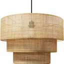 19.7" Modern Rattan Pendant Light, Natural Woven 3-Tier Cylindrical Chandelier, Boho Ceiling Lamp for Dining Room