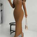 HUUSA Off The Shoulder Dress for Women 2025 Long Sleeve Bodycon Sexy Party Maxi Color Block Dresses (Brown, L)