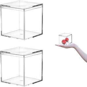Small Acrylic Box Clear Square Cube 2 Packs Plastic Display Boxes with Lid Jewelry Storage Organize Containers