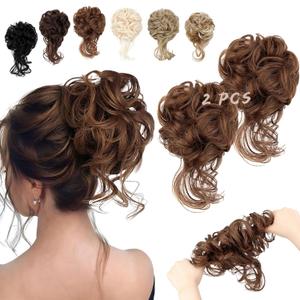 2PCS Messy Bun Hair Piece Tousled Updo with Tendrils Wavy Curly Hair Bun Scrunchies Ponytail Extension Elastic Band Hairpieces For Women (Light Brown)