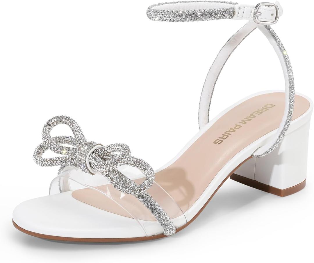 DREAM PAIRS Women's Double Bowknots Crystal Sandals Low Chunky Heels Clear Slingback Dress Shoes for Wedding Bridal Party (White) 7.5