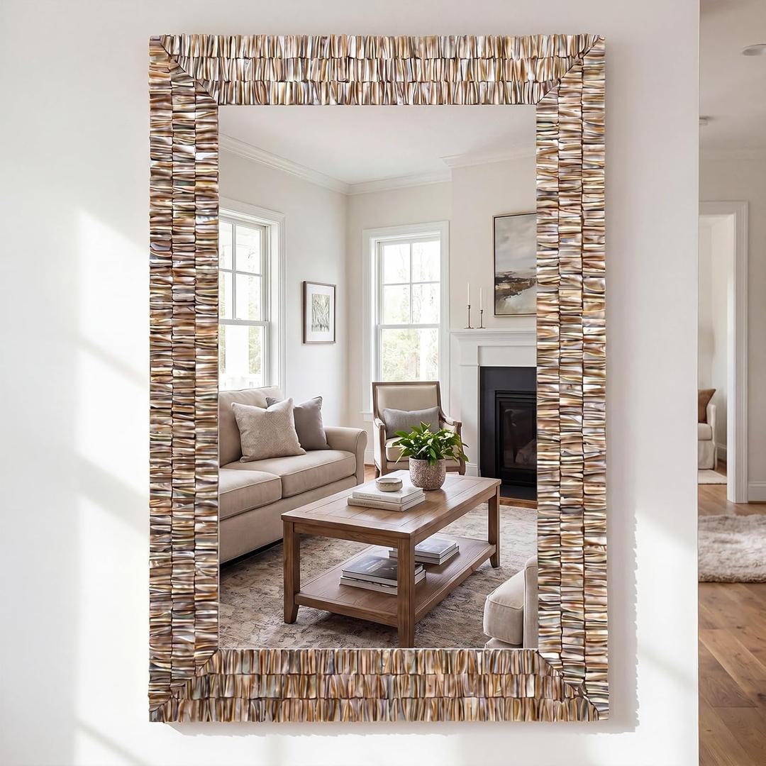 Large 36" x 24" Capiz Shell Mirror Rectangular Coastal Seashell Wall Decor