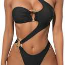 OYOANGLE Women's Ring Linked Cut Out One Shoulder One Piece Swimsuit High Cut Bathing Suits (Black, S)