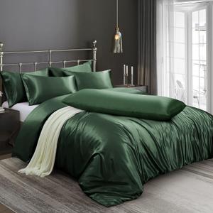 Ersmak 6 Pieces Satin Duvet Cover King Size Luxury Silky Bedding Duvet Cover Set with 1 Soft Duvet Cover, 4 King Pillowcases and 1 Body Pillowcase, Emerald Green