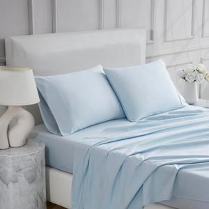 Linen Closet 4 Pcs 100% Cotton Full Size Sheets Set, Light Blue, 400 Thread Count, Percale Weave, Deep Pocket Fitted Sheet, Fits Up To 18" Mattress, Crisp & Cooling Bed Sheets for Home & Hotel Use