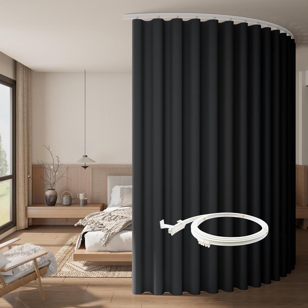 RYB HOME Room Divider Curtains with Flexible Silent Track Wall/Ceiling Mount, Sliding Door Drapes Blackout, Floor to Ceiling Curtains with Hooks for Bedroom/Living Room, Black, W100 x L96, 1 Panel