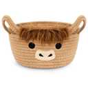 Highland Cute Cow Basket for Nursery, Small Shower Gift Basket, Round Woven Rope Cotton Storage, Baby Blanket 0rganizer with Ears Handles, Blanket Towel Decor Storage Bins, 10.7"D x 4.4"H in (Brown)