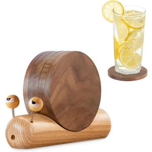 Wooden Coasters for Drinks-Natural Acacia Wood Drink Coaster with Magnetic for Coffee Table,Fun Cute Coasters with Holder for Modern Home Decor-Set of 5 (3.5*3.5 inches)