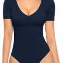 MANGOPOP Women's Short Sleeve Bodysuit Sexy V Neck Body Suit Fitted Going Out Tops(Navy Blue, X-Small)