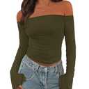 PRETTYGARDEN Fall Tops for Women 2025 Trendy Long Sleeve Crop Mesh Slim Fit Y2K Cute Shirts Going Out Off The Shoulder Top (Army Green, Small), S