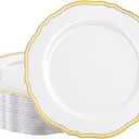Hioasis 60pcs Gold Plastic Plates - White and Gold Disposable Dinnerware with Gold Rim, Heavy-duty, 10 inch, Dinner Plates for Party & Wedding