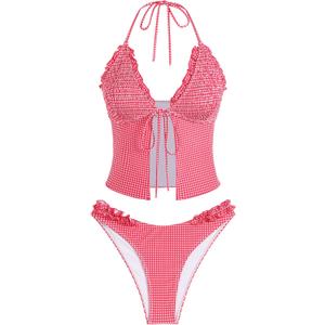 ZAFUL Tankini Swimsuits for Women Smocked Ruffles Tie Front Bowknot Textured High Cut Tanga Tankini Set (Medium)